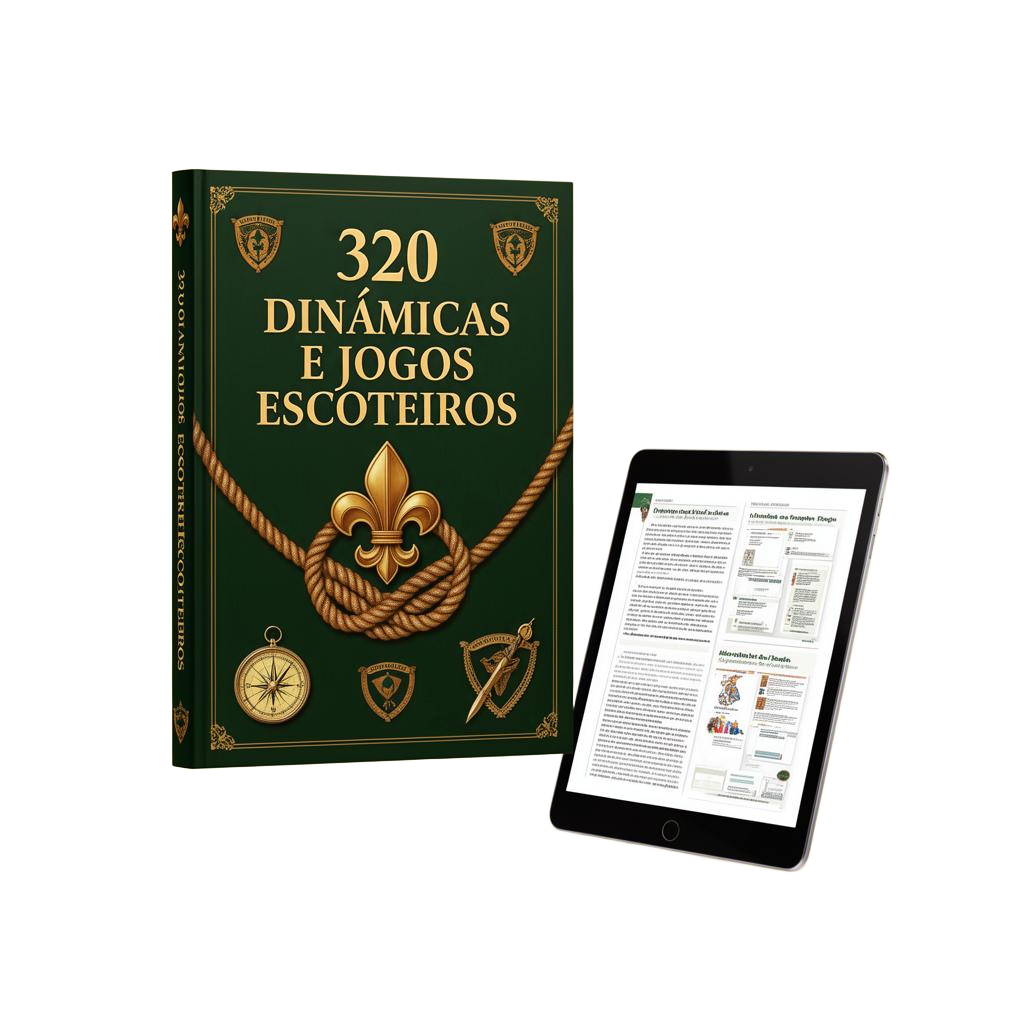 Mockup do livro 320 Dinâmicas e Jogos Escoteiros e tablet com material em PDF