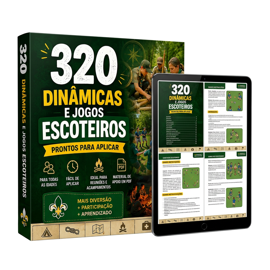 Mockup do livro 320 Dinâmicas e Jogos Escoteiros e tablet com material em PDF